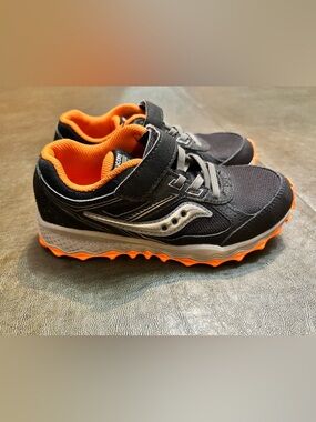 Saucony Kids Black and Orange Athletic Sneakers with velcro Strap